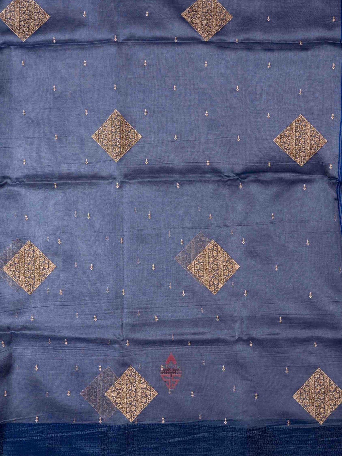 Grey color Organza Fancy Saree with Dark Blue Border