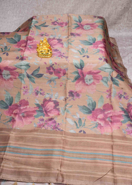 Olive Mustard Yellow Pure Fancy Tussar Saree With Plain Blouse