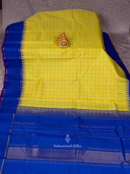 Lemon Yellow Kanjivaram Pure Silk Saree Ink Blue Temple Border with Blouse