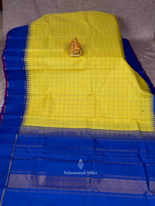 Lemon Yellow Kanjivaram Pure Silk Saree Ink Blue Temple Border with Blouse