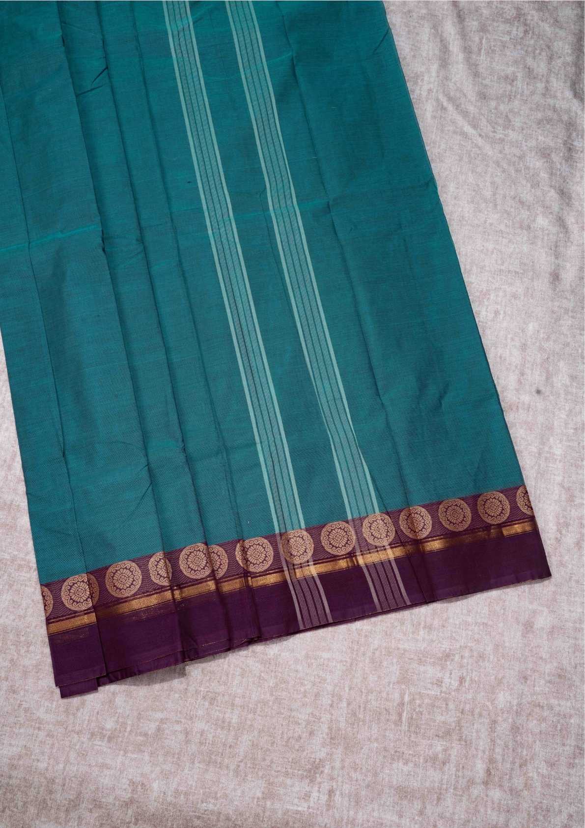 Kanjivaram Pure Cotton Plain Saree Peacock Green Colour With Magenta Border
