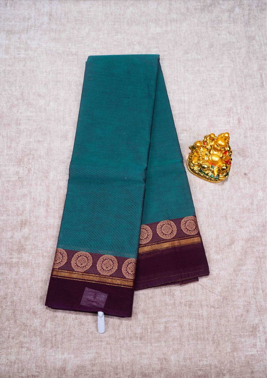 Kanjivaram Pure Cotton Plain Saree Peacock Green Colour With Magenta Border