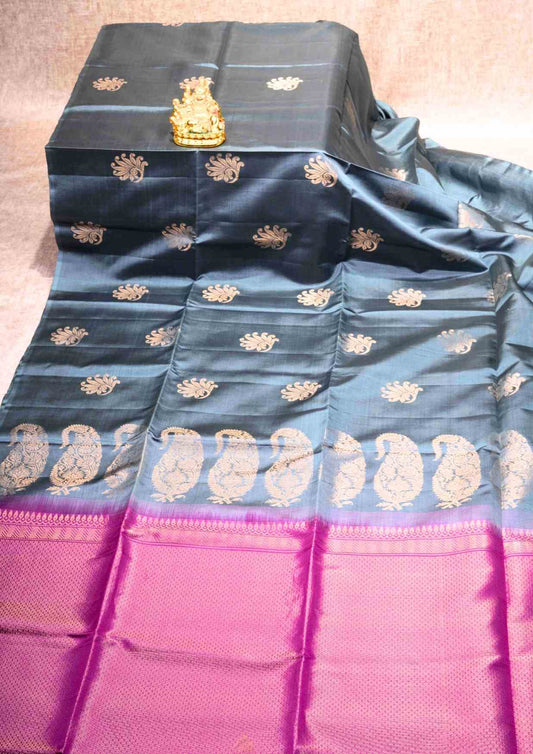Gray Pure Soft Silk Saree With Violet Blouse