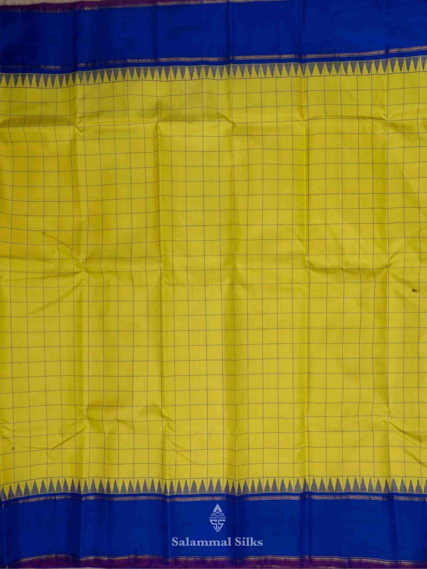 Lemon Yellow Kanjivaram Pure Silk Saree Ink Blue Temple Border with Blouse