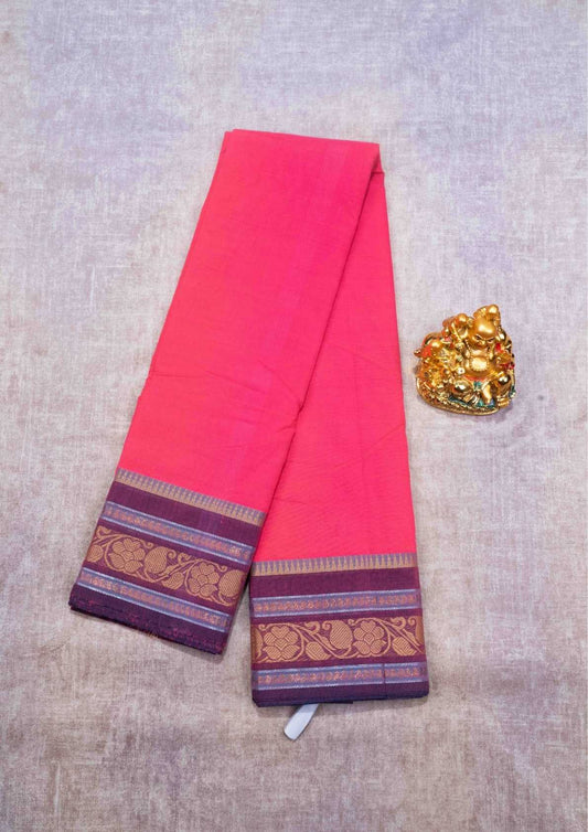 Kanjivaram Pure Cotton Plain Saree Pink Colour WithOut Blouse