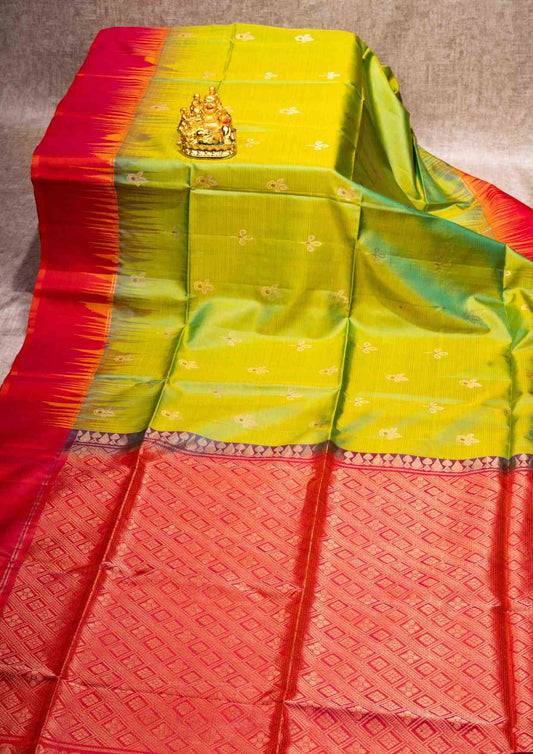 Yellow Green Soft Silk Saree With Pinkish Orange Border