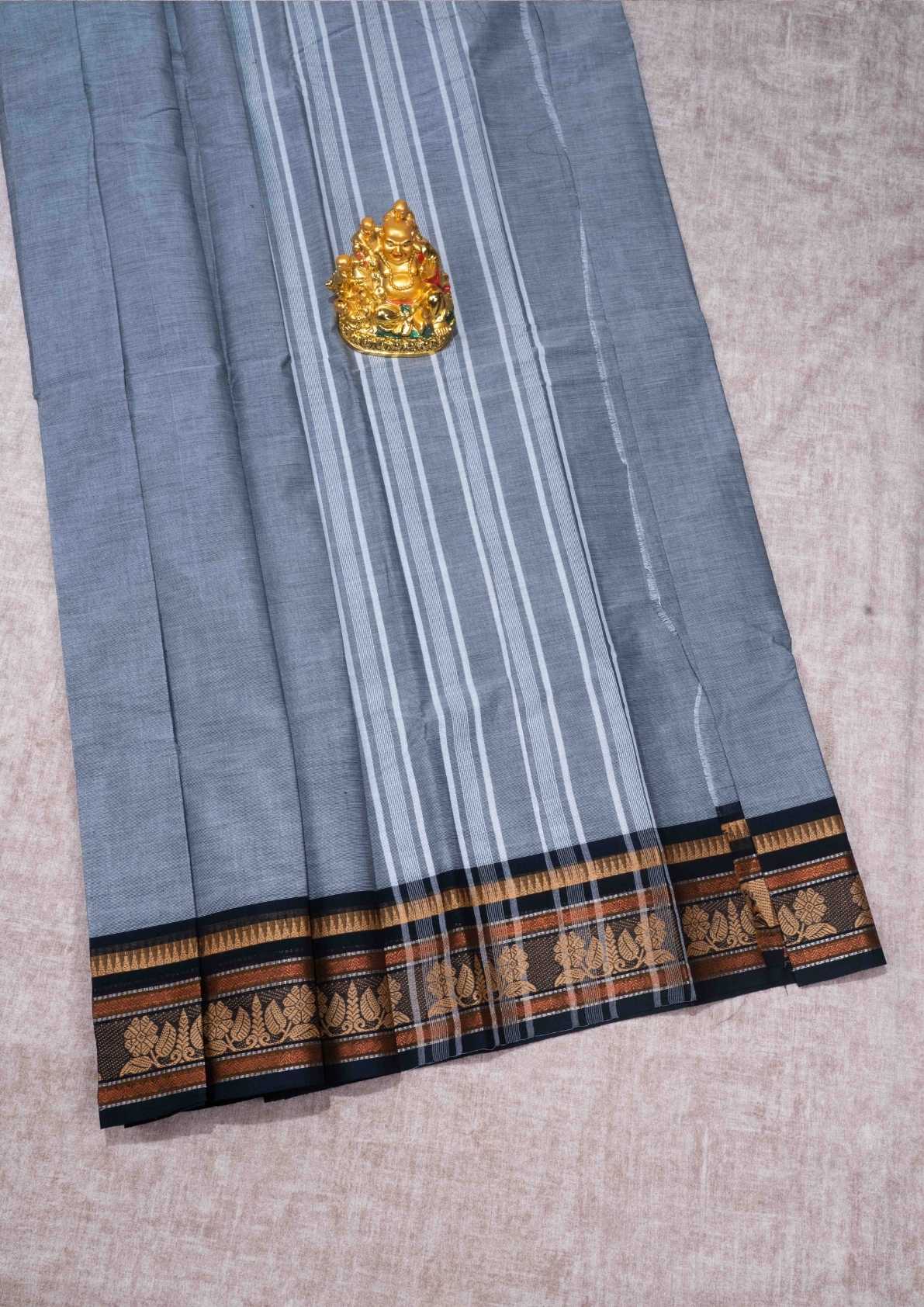 Kanjivaram Pure Cotton Saree Gray With Black Border
