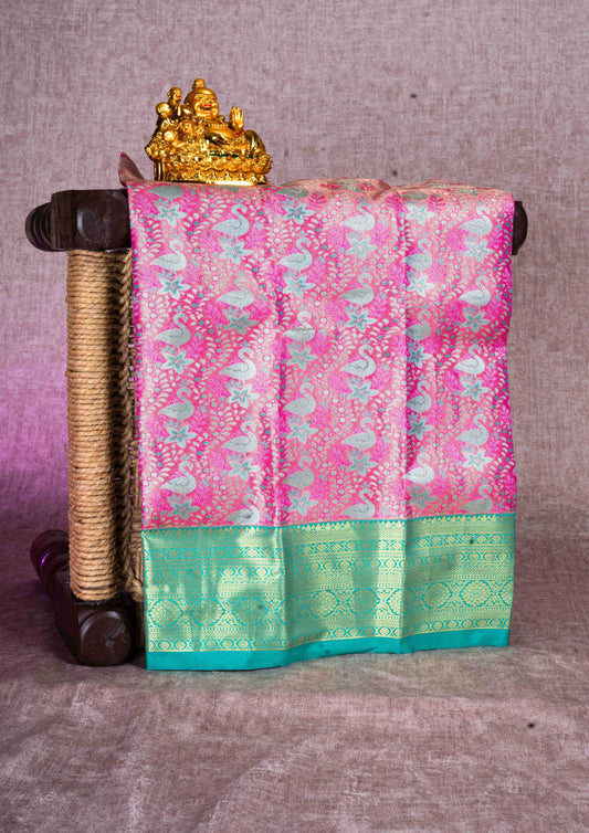 Mix Pattu Pavadai (Baby Pink Tissue) With Rexona Green Blouse 18"