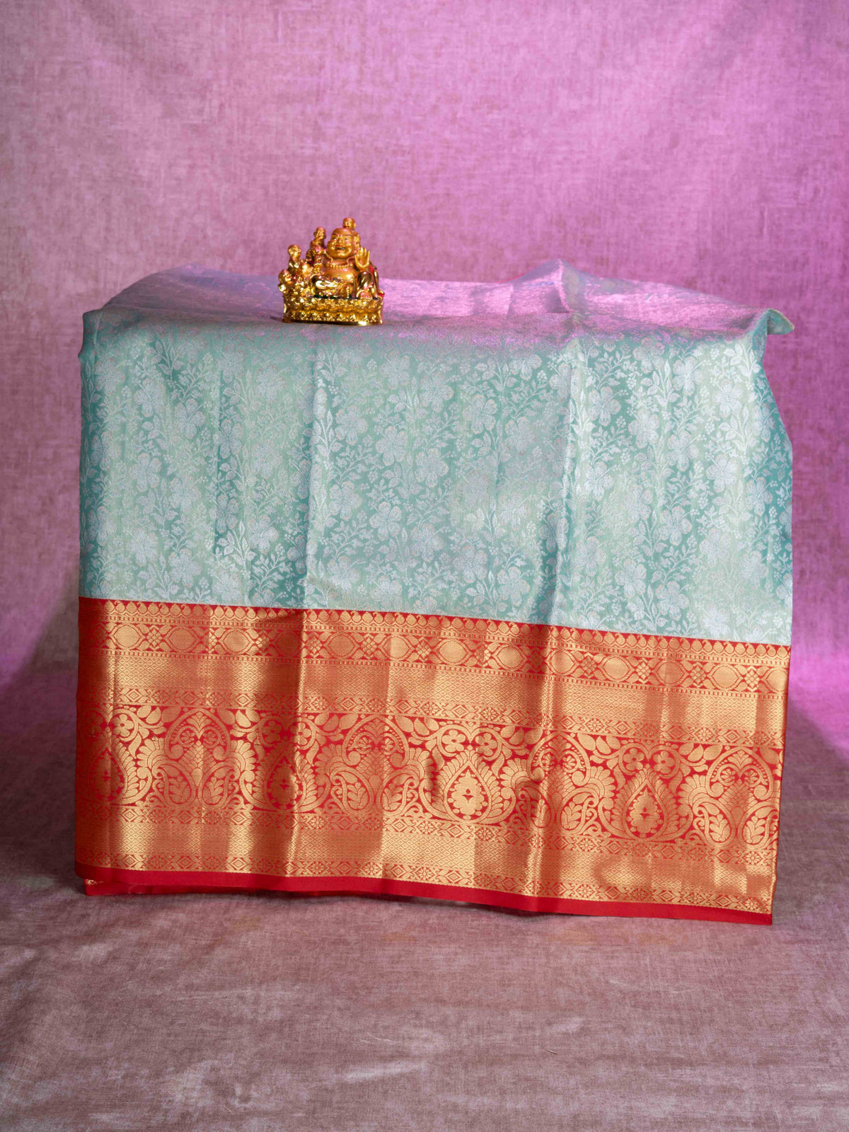 Semi Silk Pattu Pavadai (Neon Green Tissue) With Red Blouse 44"