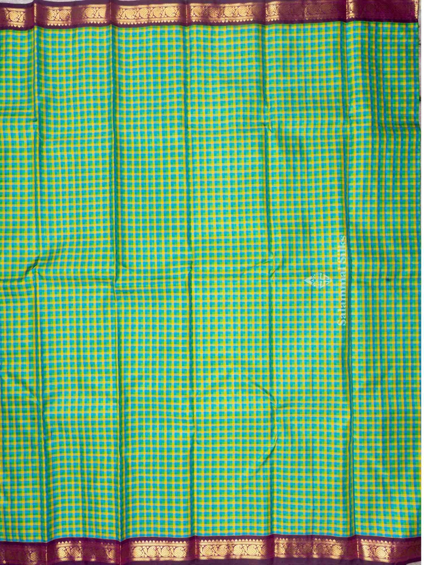 Multi Color Small Check Kanjivaram Pure Silk saree with Majentha Blouse