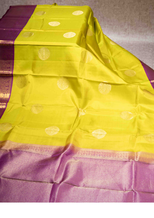 Manthulir Yellow Kanjivaram Pure Silk Saree With Magenta Blouse