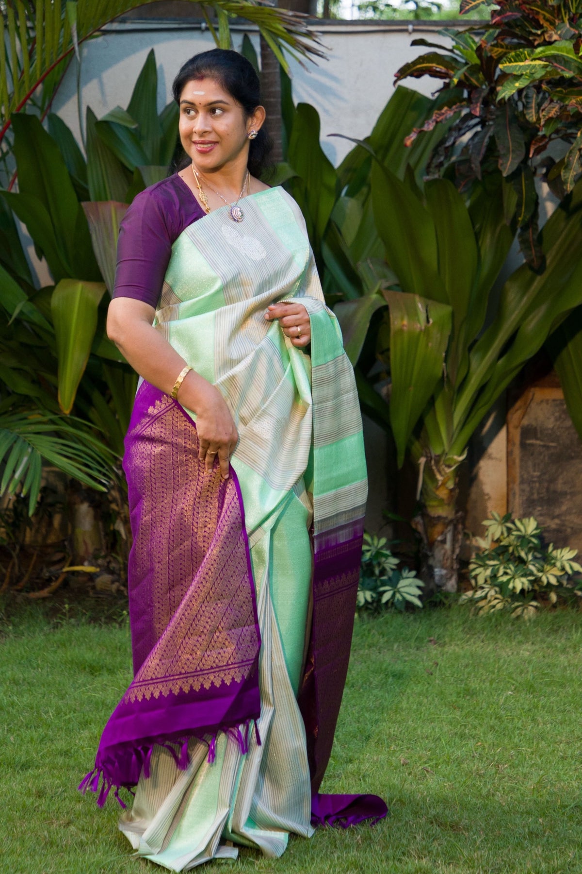 Beautiful Cream Sandal & Rexons Green Fancy Pure Kanjivaram Silk Saree With Contrast Dark Purple Blouse