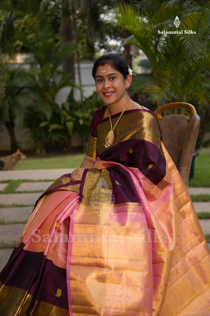 Korvai Beautiful Baby Pink Tissue Plain Pure Kanjivaram Silk Saree With Contrast Brown Traditional Long Border