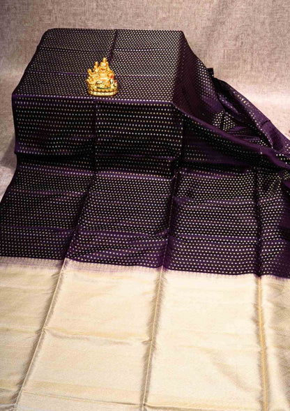 Dark Violet Pure Soft Silk Saree With Cream Sandal Blouse