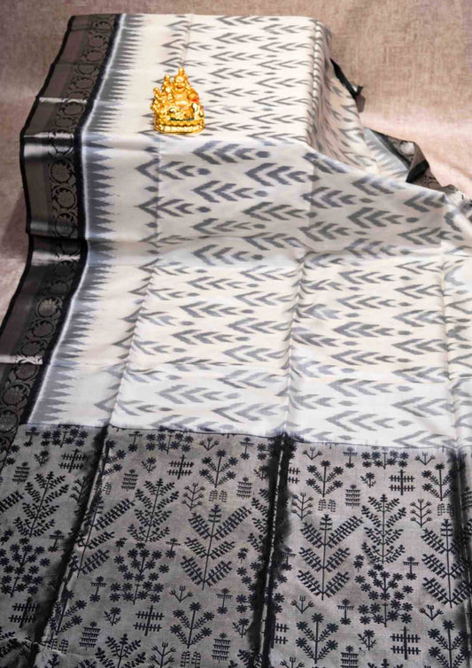 Half White Pure Soft Silk Saree With Black Blouse