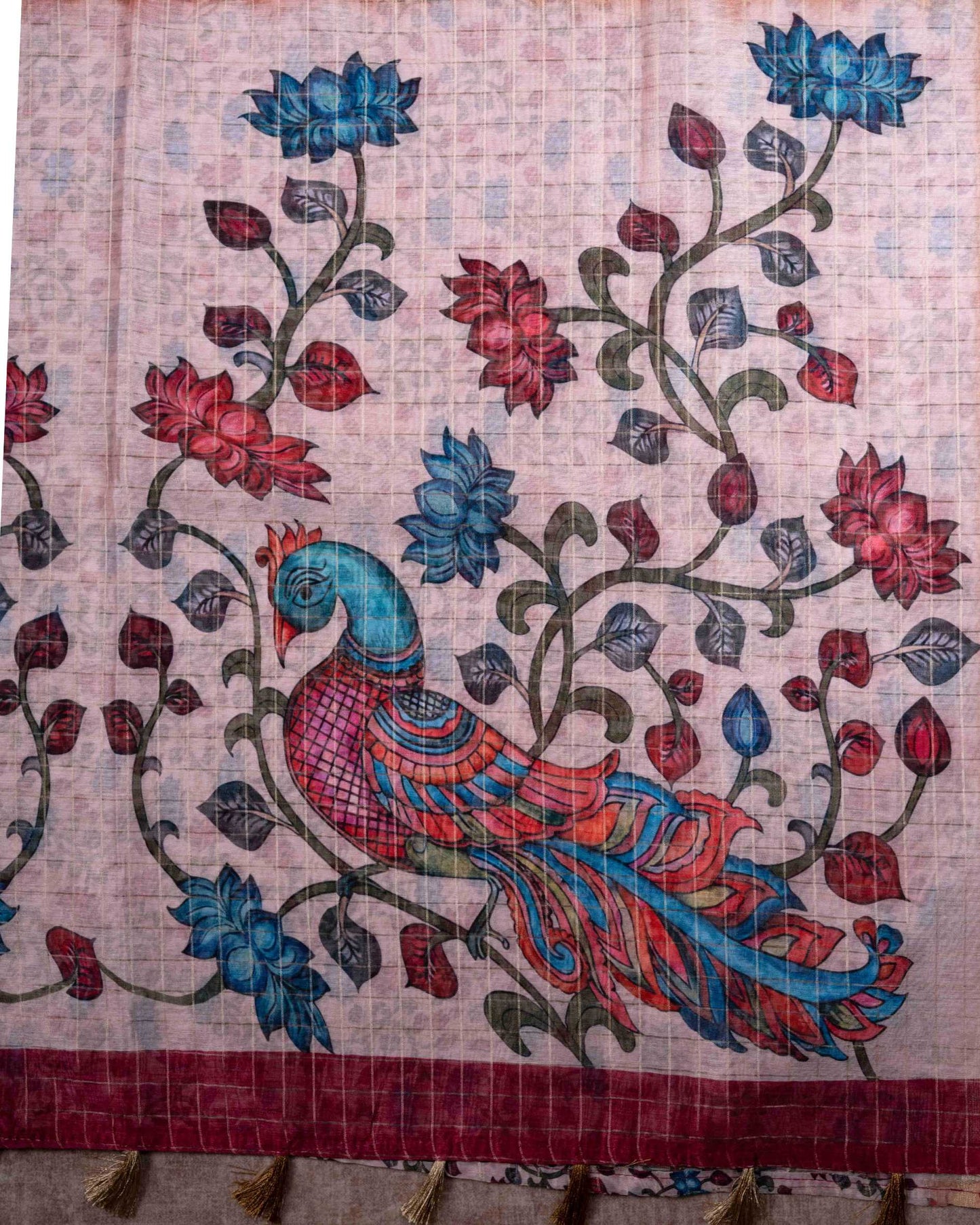 Fancy Cotton Mix Saree MultiColour Body Checks With Floral Kalamkari Blouse