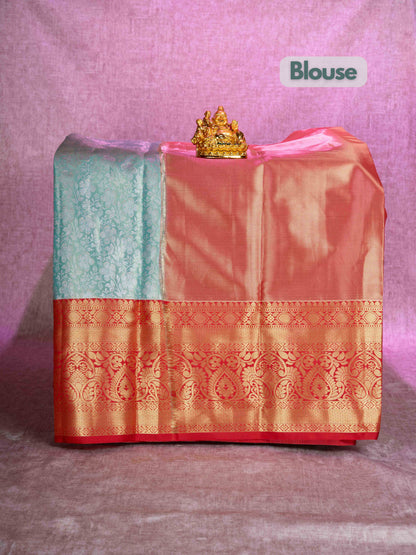 Mix Pattu Pavadai (Neon Green Tissue) With Red Blouse 44"