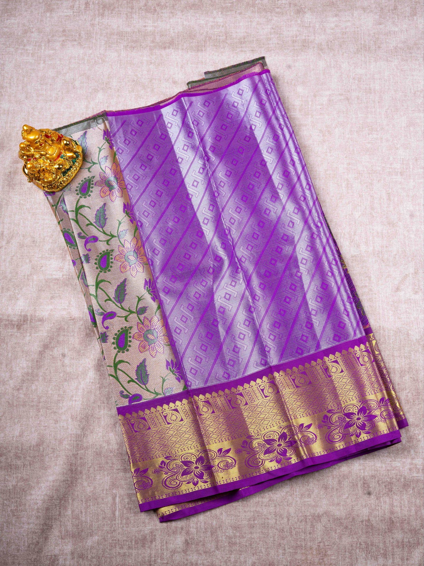 Mix Pattu Pavadai ( Cream Lavender Tissue ) With Purple Blouse 27"