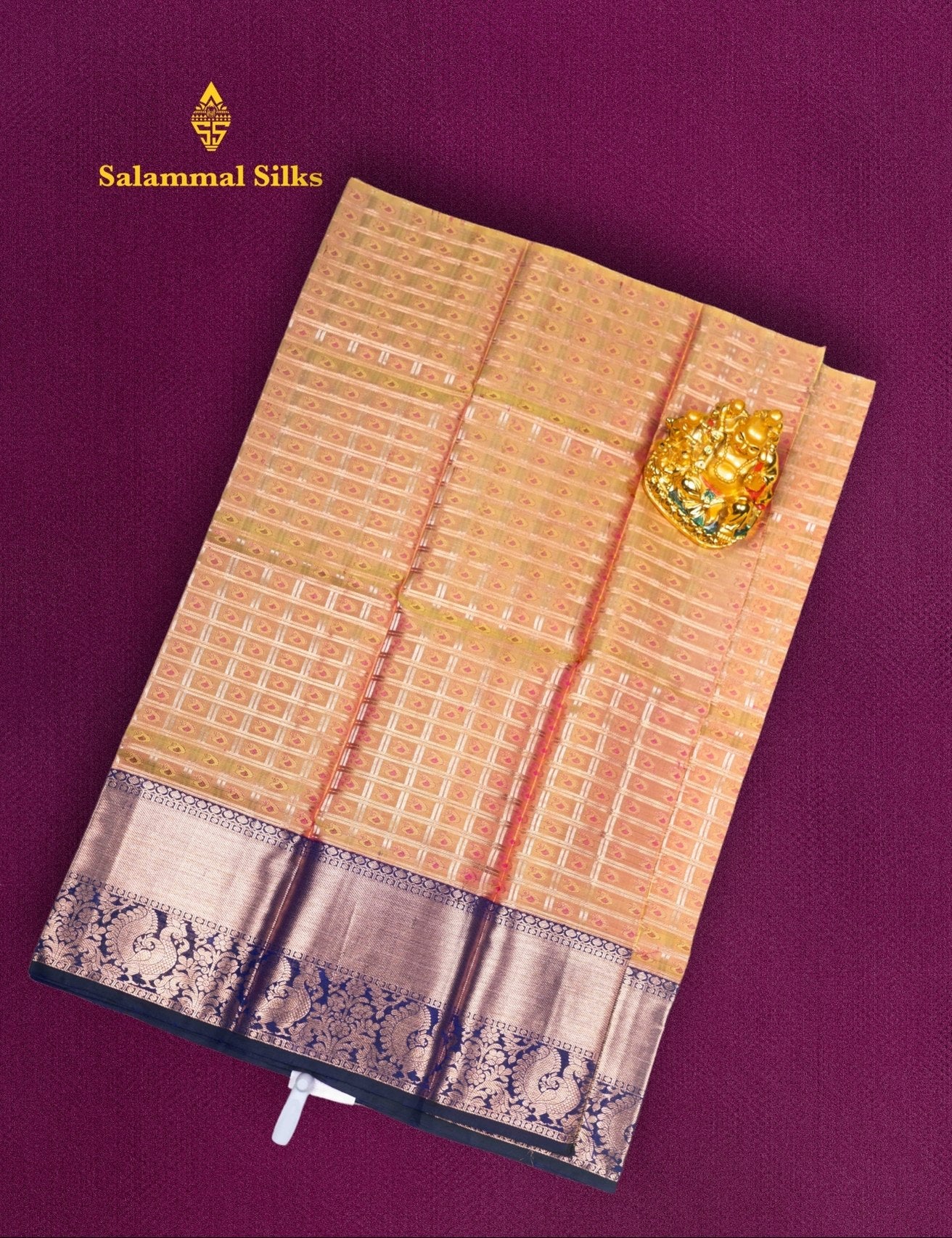 Pure Silk Pattu Pavadai (Gold Colour) With Navy Blue Blouse 27"