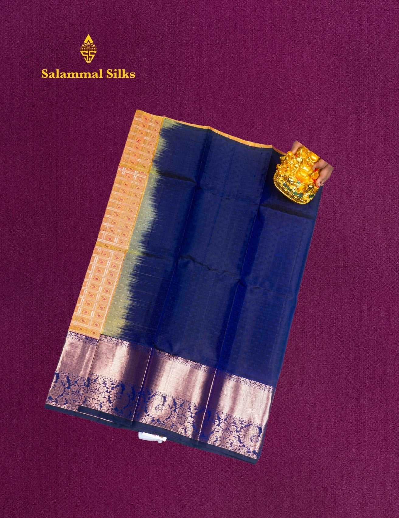 Pure Silk Pattu Pavadai (Gold Colour) With Navy Blue Blouse 27"