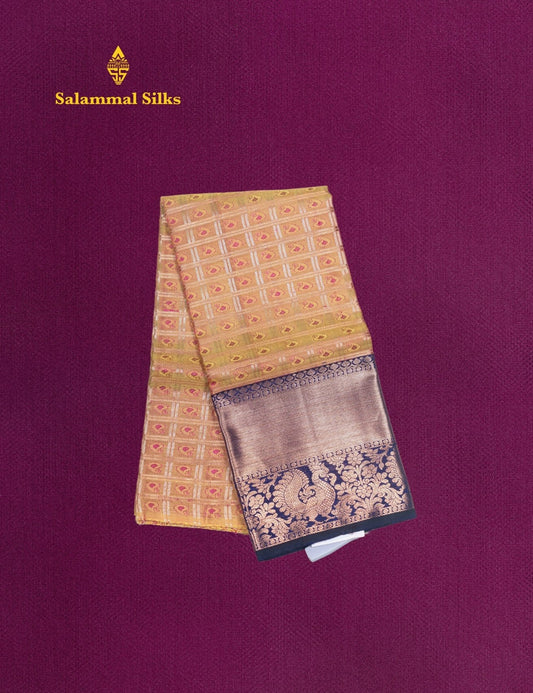 Pure Silk Pattu Pavadai (Gold Colour) With Navy Blue Blouse 27"