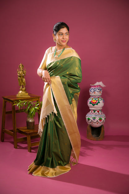 Beautiful Bottle Green Tiny Vaira Oosi Checks With Butta Semi Silk Saree With Contrast Cream Sandal Traditional Border