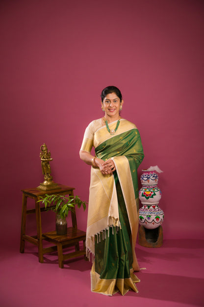 Beautiful Bottle Green Tiny Vaira Oosi Checks With Butta Semi Silk Saree With Contrast Cream Sandal Traditional Border