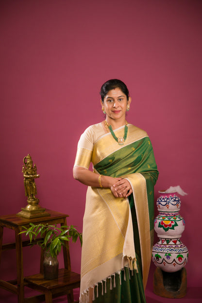 Beautiful Bottle Green Tiny Vaira Oosi Checks With Butta Semi Silk Saree With Contrast Cream Sandal Traditional Border