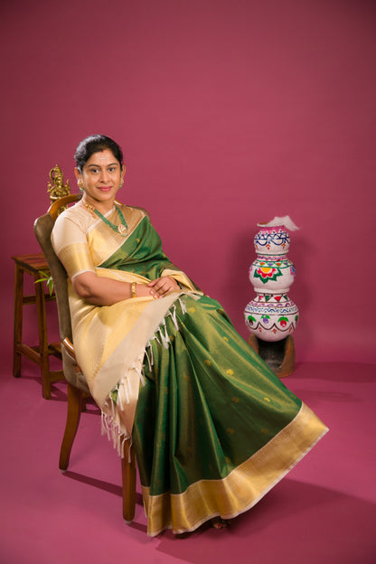 Beautiful Bottle Green Tiny Vaira Oosi Checks With Butta Semi Silk Saree With Contrast Cream Sandal Traditional Border