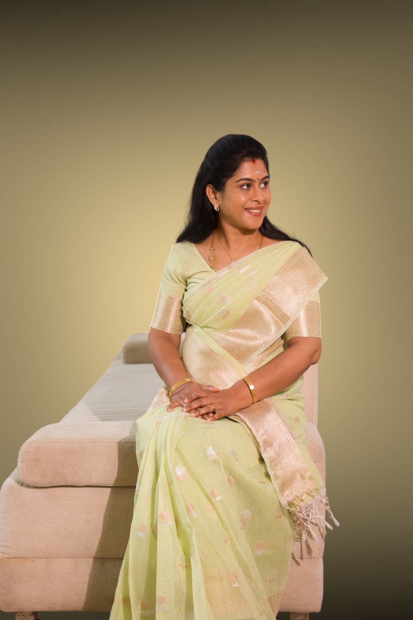 Beautiful Elaichi Green Silver And Copper Zari Buttas Linen Mix Cotton Fancy Saree With Tarditional Border
