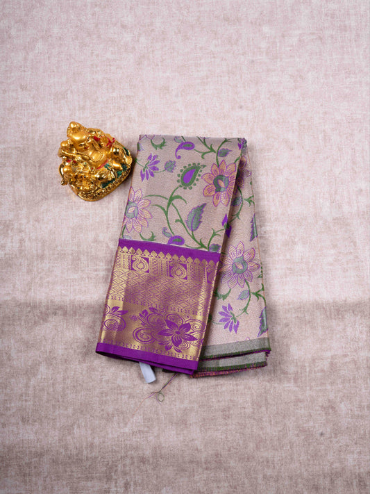 Mix Pattu Pavadai ( Cream Lavender Tissue ) With Purple Blouse 27"