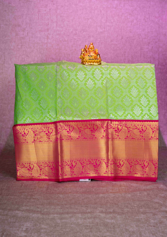 Mix Silk Pattu Pavadai ( Parrot Green ) With Pink Blouse  44"