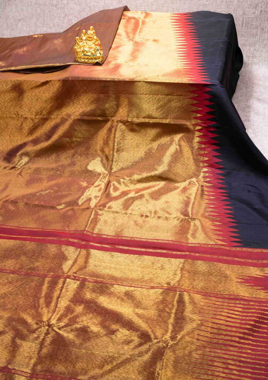 Kanjivaram 8kol Pure Silk Saree Rising Border Black & Gold  With Maroon Blouse
