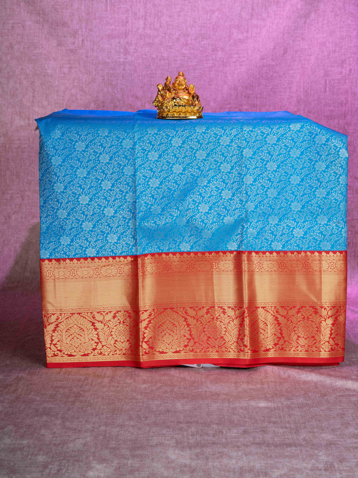 Semi Silk Pattu Pavadai (Light Ramar Blue) With Red Blouse 44"