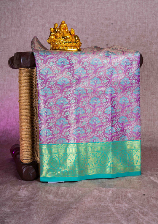 Mix Pattu Pavadai (Light Pink Tissue) With Rexona Green Blouse 18"
