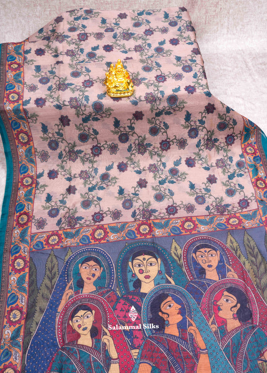 Light Pink Beautiful Kalamkari Fancy Saree With Maroon Blouse