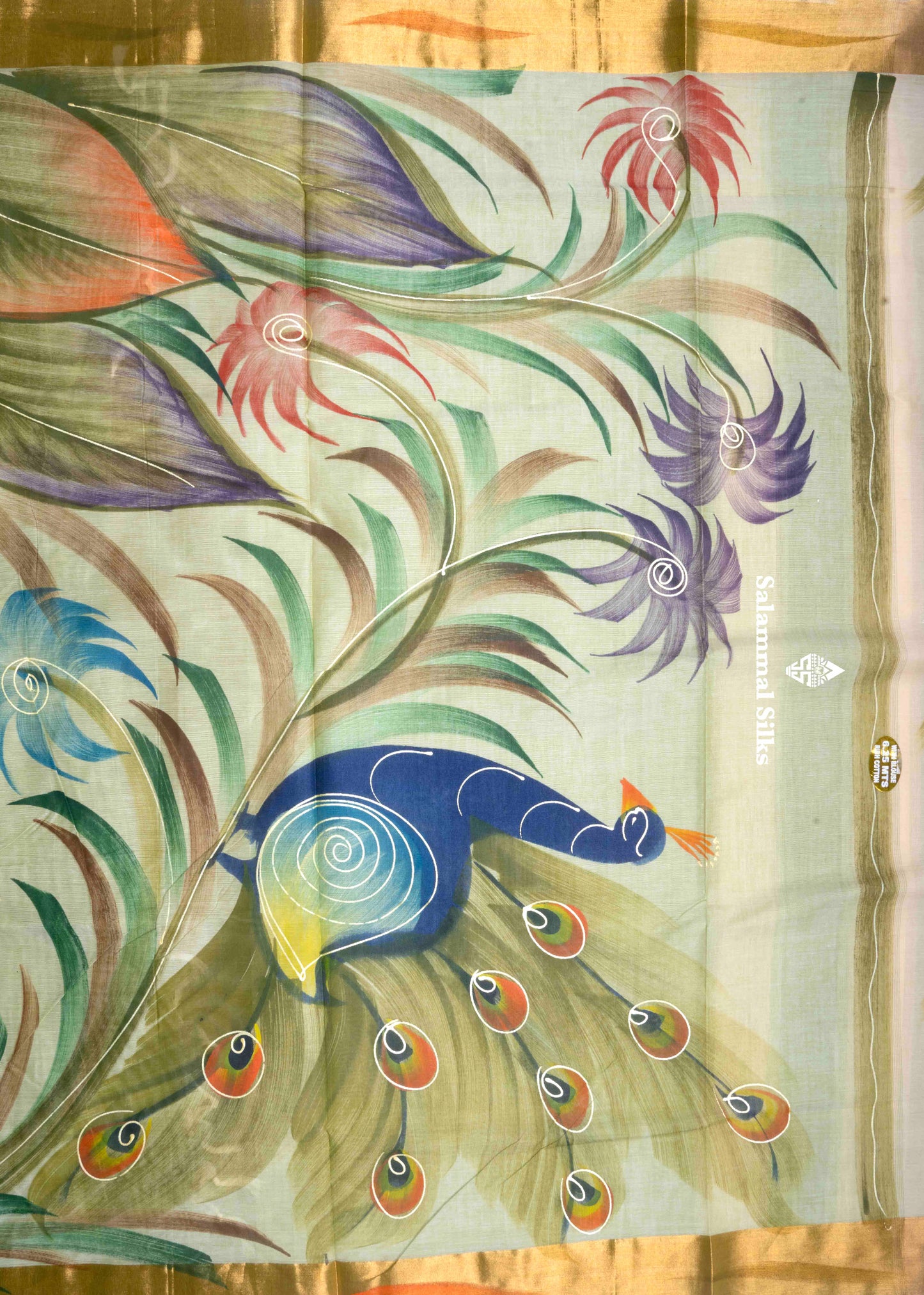 Light Green Printed Cotton Saree with Gold Zari Border
