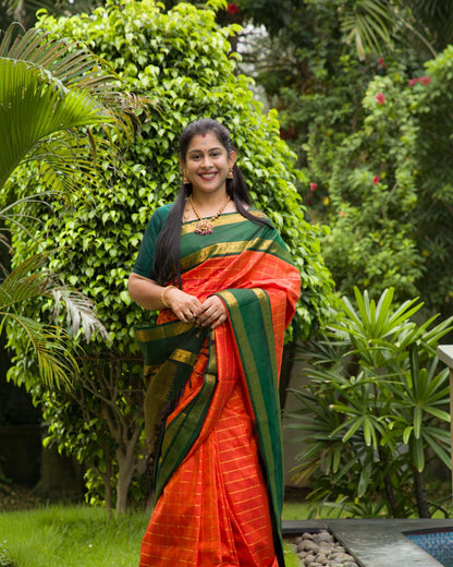 Orange Veldhari Zari Checks Kanjivaram Silk Saree With Contrast Bottle Green Traditional Rettapet Border