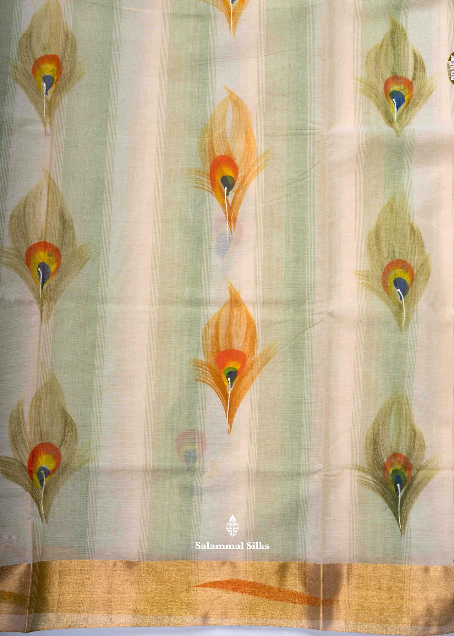 Light Green Printed Cotton Saree with Gold Zari Border