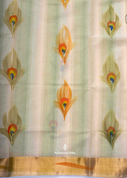 Light Green Printed Cotton Saree with Gold Zari Border