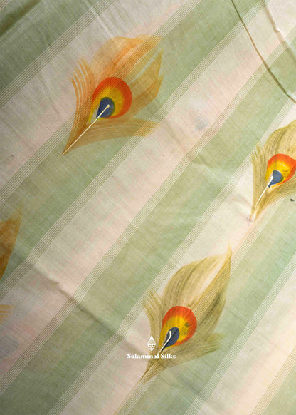 Light Green Printed Cotton Saree with Gold Zari Border