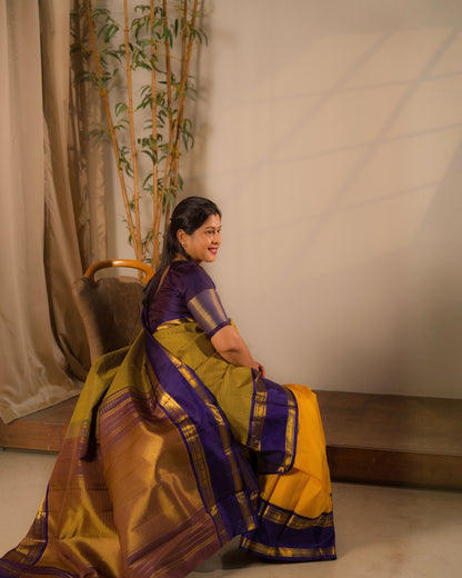 Handloom Unique Partly Saree With Two Checks Pattern - Yellow Mustard & Yellow Violet Tiny Checks Pure Kanjivaram Silk Saree With Contrast Violet Traditional Gap Border