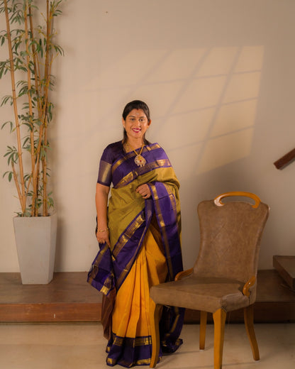 Handloom Unique Partly Saree With Two Checks Pattern - Yellow Mustard & Yellow Violet Tiny Checks Pure Kanjivaram Silk Saree With Contrast Violet Traditional Gap Border