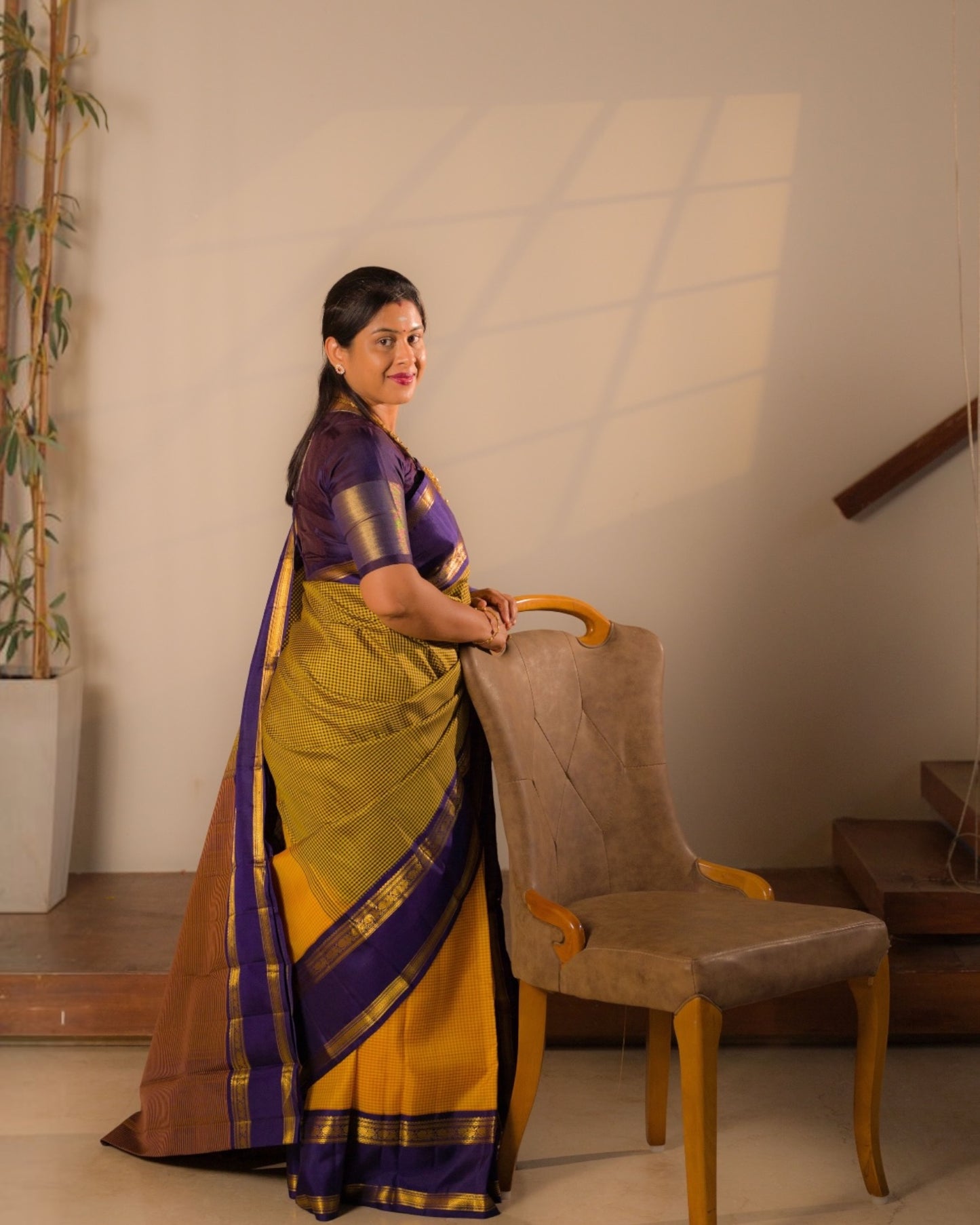 Handloom Unique Partly Saree With Two Checks Pattern - Yellow Mustard & Yellow Violet Tiny Checks Pure Kanjivaram Silk Saree With Contrast Violet Traditional Gap Border