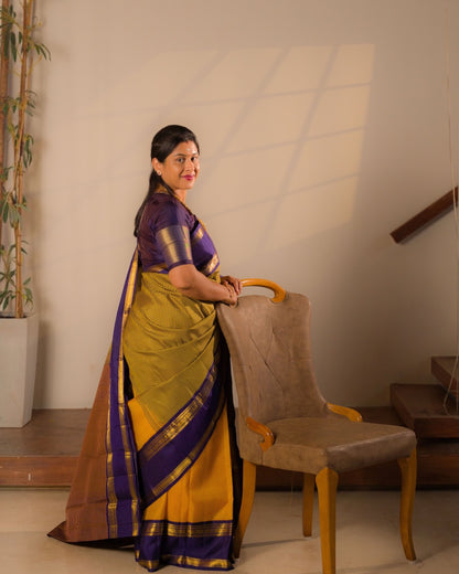 Handloom Unique Partly Saree With Two Checks Pattern - Yellow Mustard & Yellow Violet Tiny Checks Pure Kanjivaram Silk Saree With Contrast Violet Traditional Gap Border