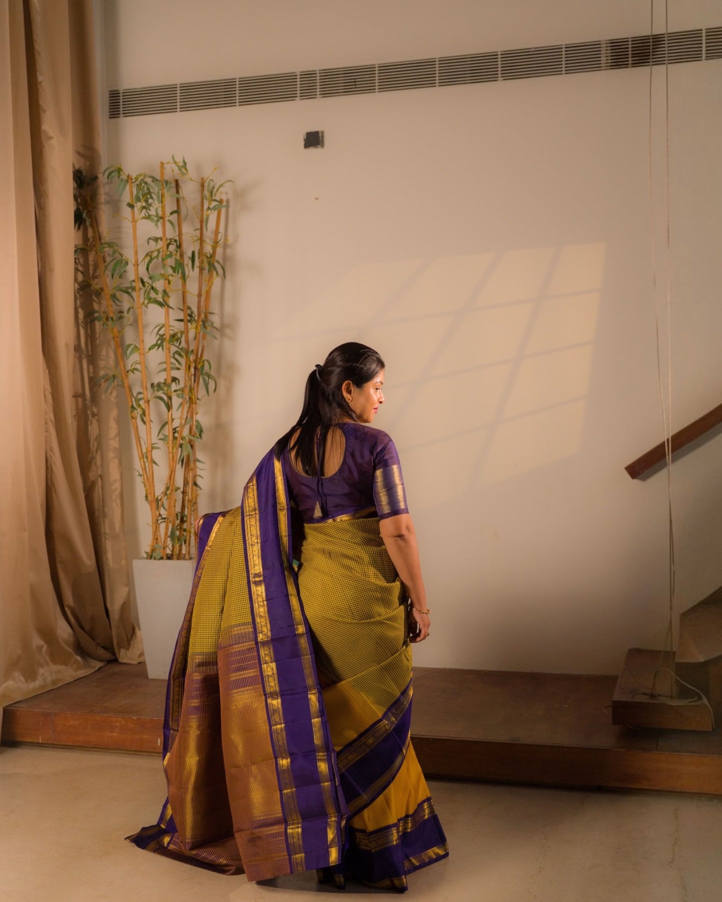 Handloom Unique Partly Saree With Two Checks Pattern - Yellow Mustard & Yellow Violet Tiny Checks Pure Kanjivaram Silk Saree With Contrast Violet Traditional Gap Border