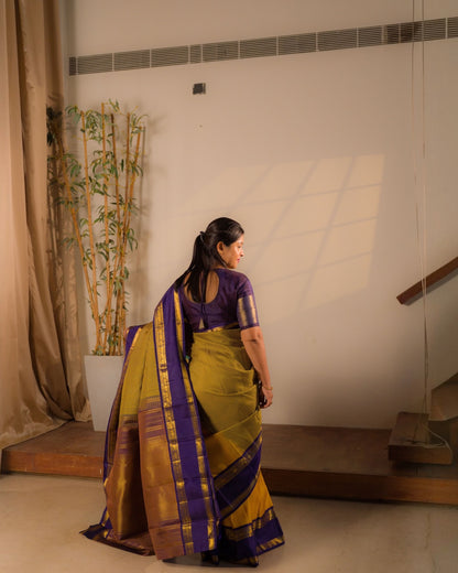 Handloom Unique Partly Saree With Two Checks Pattern - Yellow Mustard & Yellow Violet Tiny Checks Pure Kanjivaram Silk Saree With Contrast Violet Traditional Gap Border