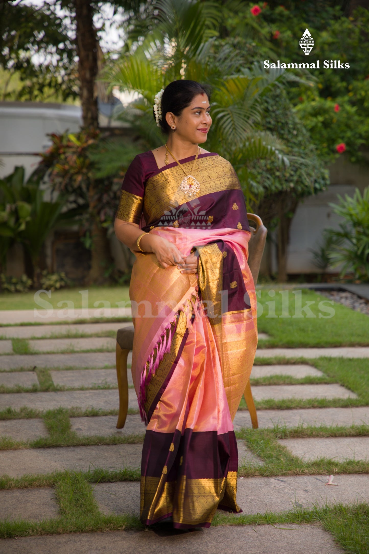 Korvai Beautiful Baby Pink Tissue Plain Pure Kanjivaram Silk Saree With Contrast Brown Traditional Long Border