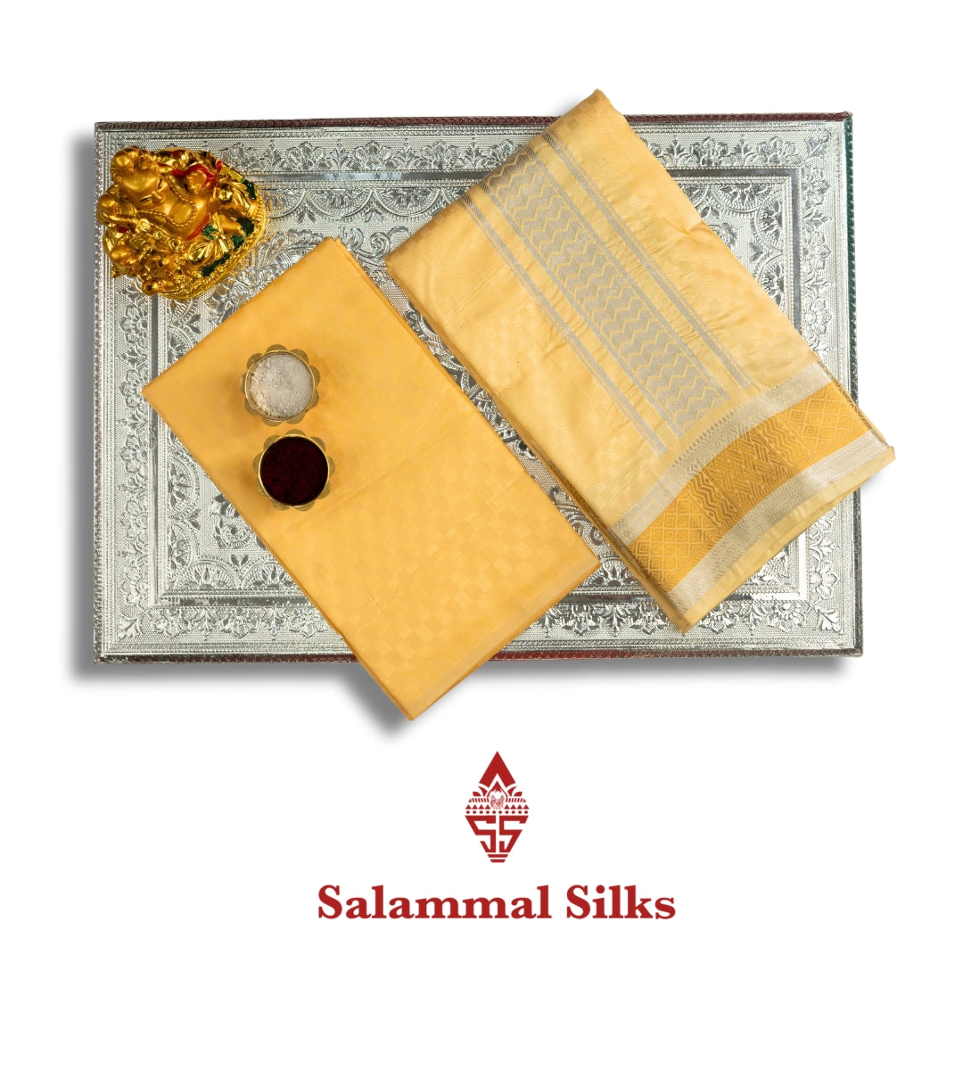 Light Sandal Semi Silk Dhoti, Angavastram & Shirt (2.50M) with Gold Zari Border