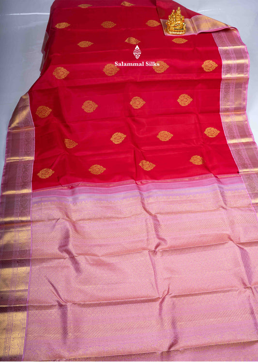 Kanjivaram Pure Silk Saree Pinkish Red With Baby Pink Border